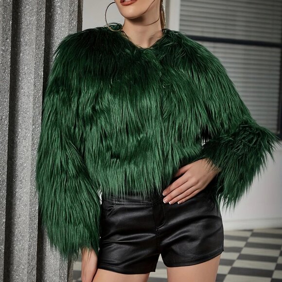 Green Fuzzy Faux Fur Open Front Crop Jacket - Picture 4 of 5